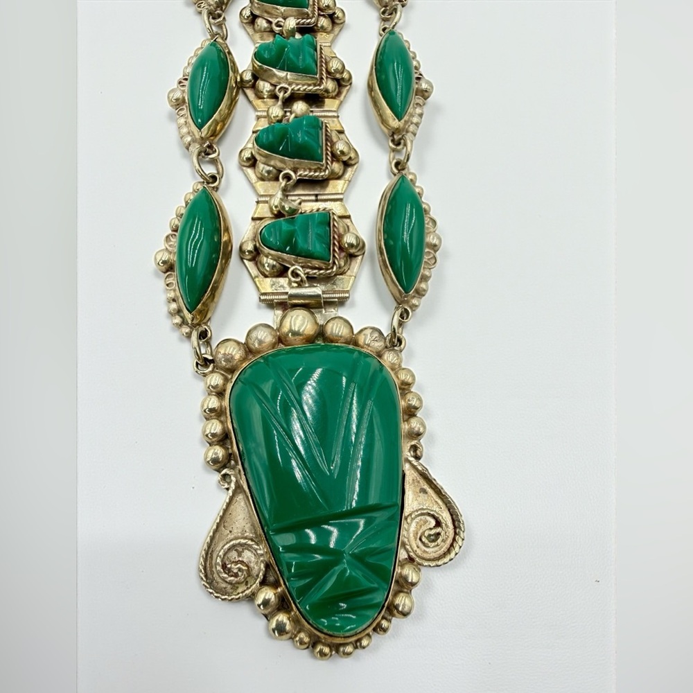 Vintage Mexico Sterling Green Onyx Aztec Mask Necklace Bracelet Set 17” & 7” - Picture 14 of 17